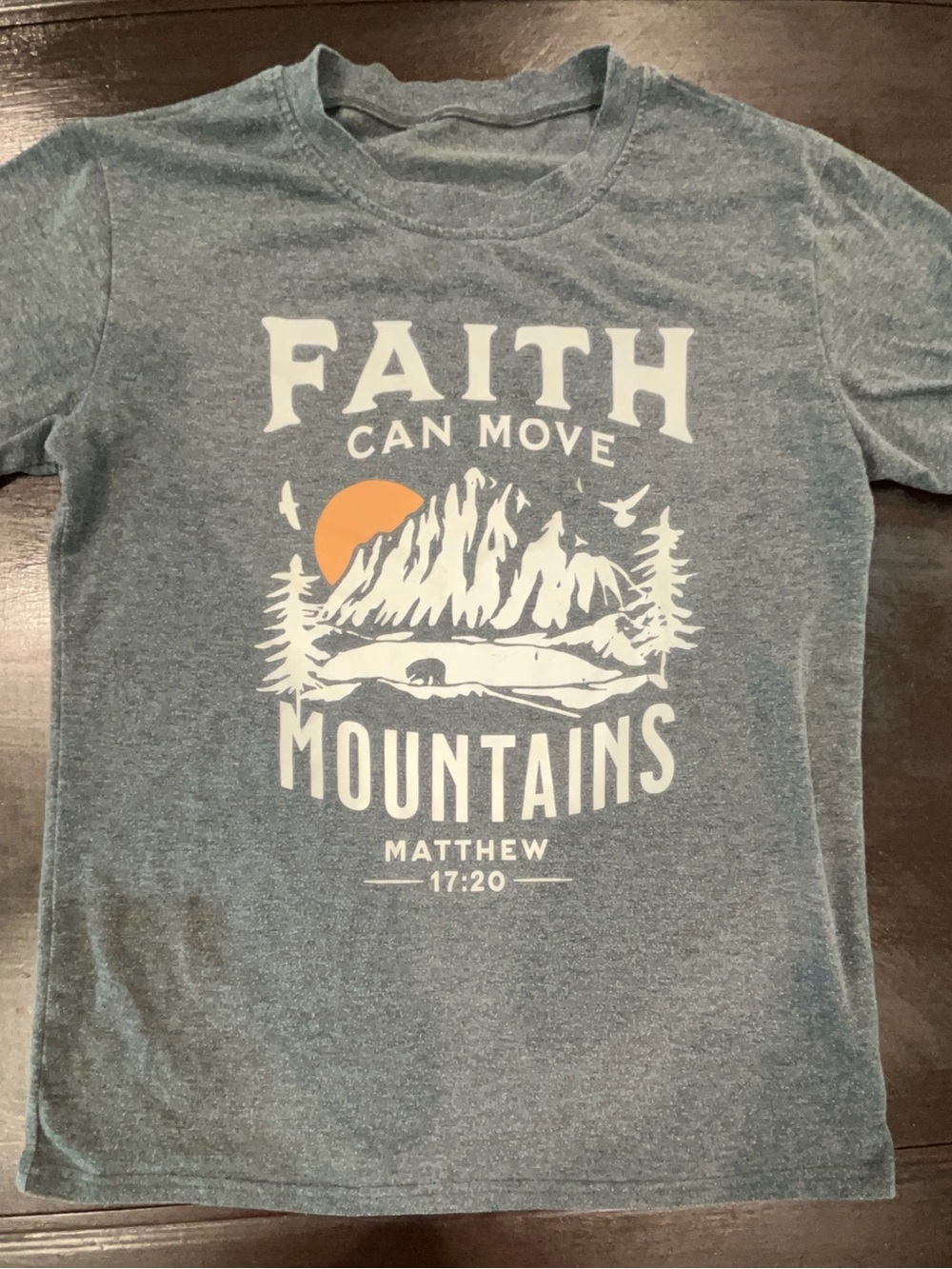 Faith Can Move Mountains Graphic Tee - Blue with White & Orange Print